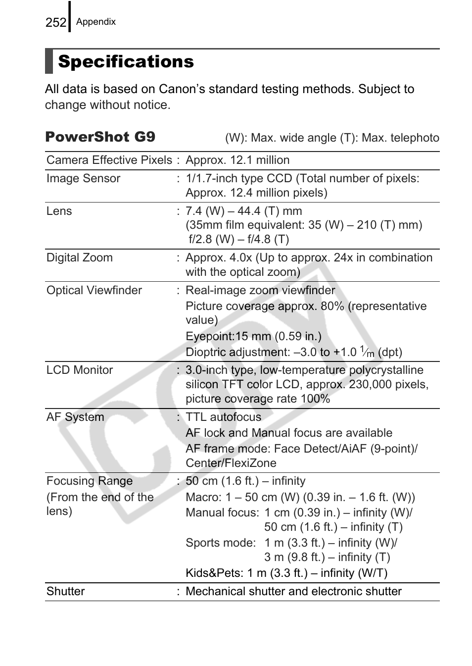 Specifications, Powershot g9 | Canon PowerShot G9 User Manual | Page 254 / 275