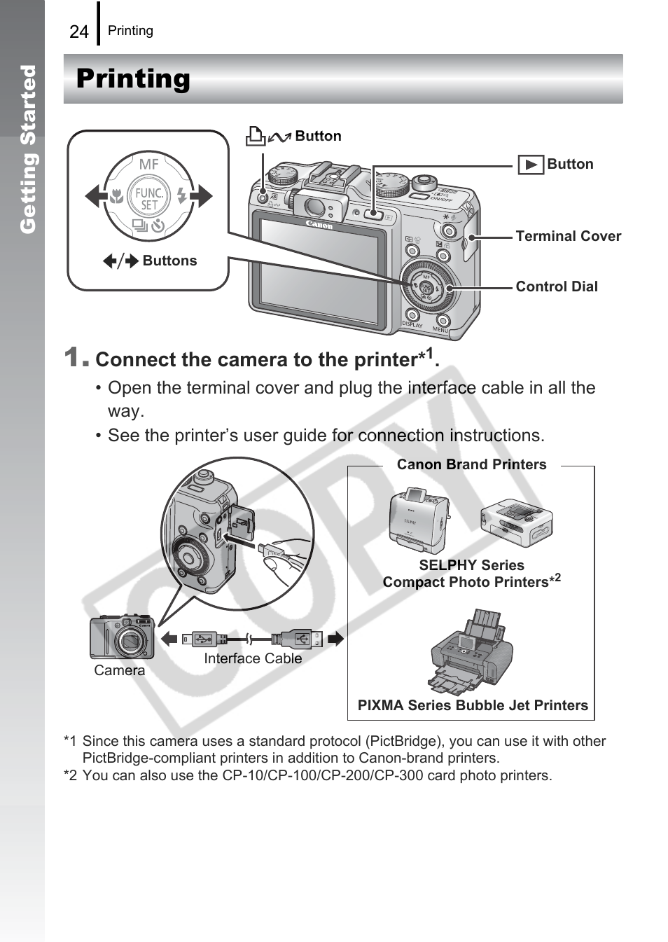 Printing 1, Getting started, Connect the camera to the printer | Canon PowerShot G9 User Manual | Page 26 / 275