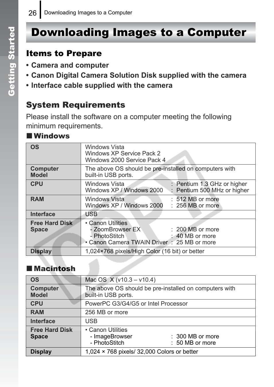 Downloading images to a computer, Getting started, Items to prepare | System requirements | Canon PowerShot G9 User Manual | Page 28 / 275