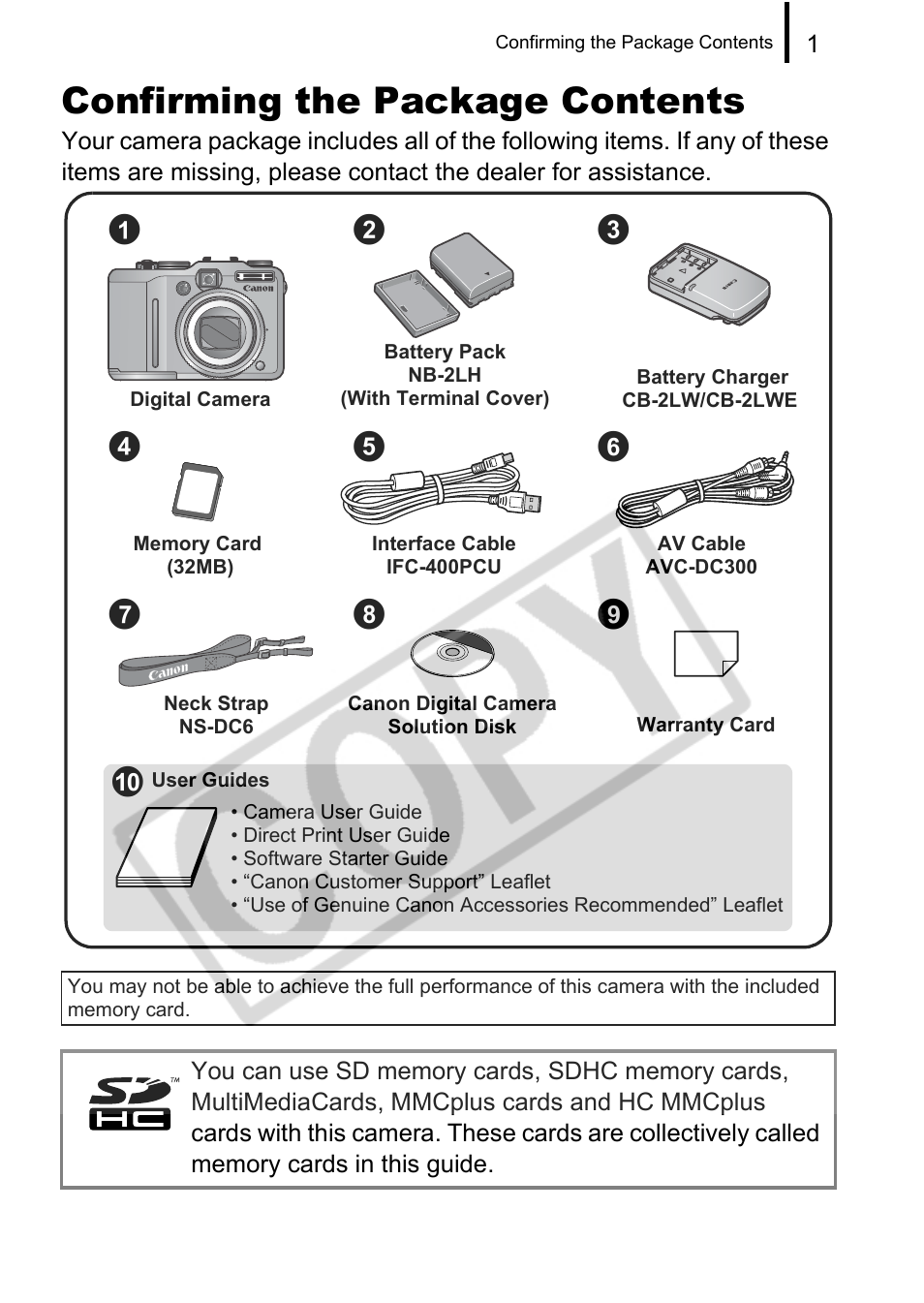 Confirming the package contents | Canon PowerShot G9 User Manual | Page 3 / 275