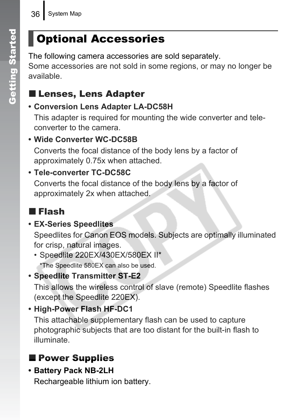 Optional accessories | Canon PowerShot G9 User Manual | Page 38 / 275