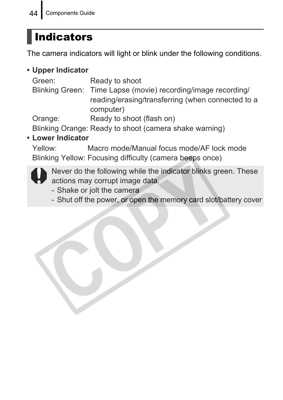 Indicators | Canon PowerShot G9 User Manual | Page 46 / 275