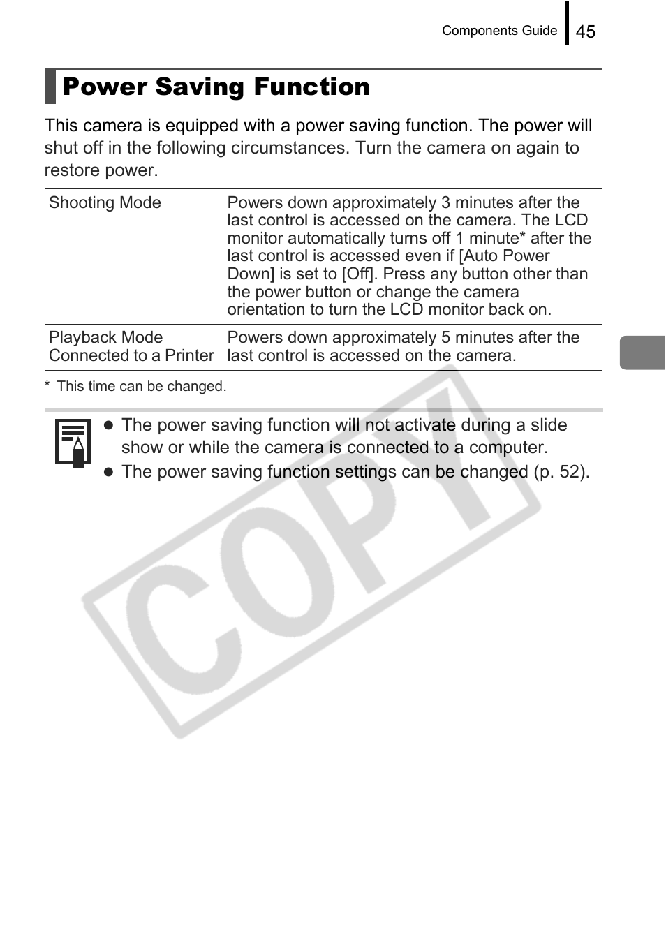 Power saving function | Canon PowerShot G9 User Manual | Page 47 / 275