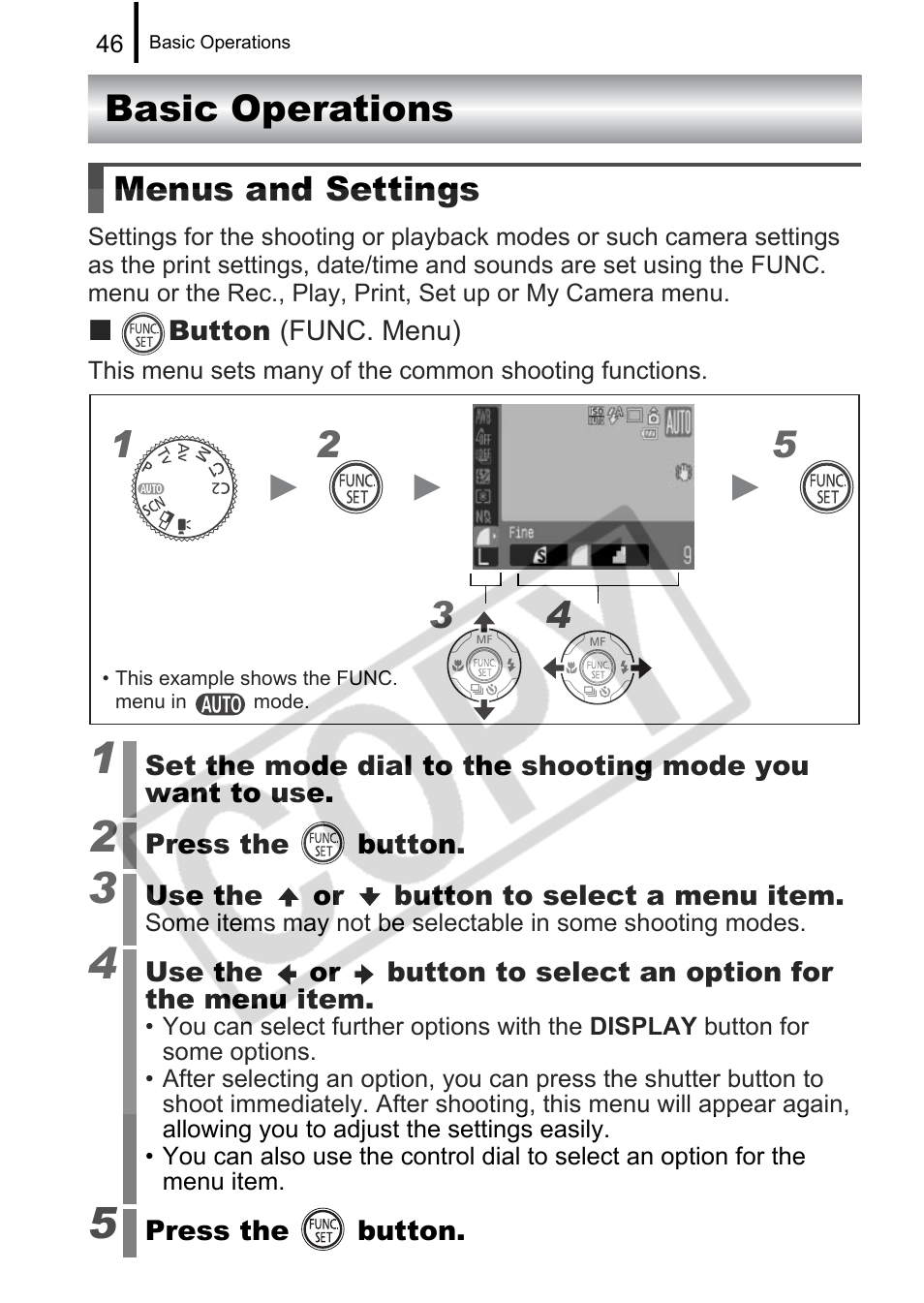 Basic operations, Menus and settings | Canon PowerShot G9 User Manual | Page 48 / 275