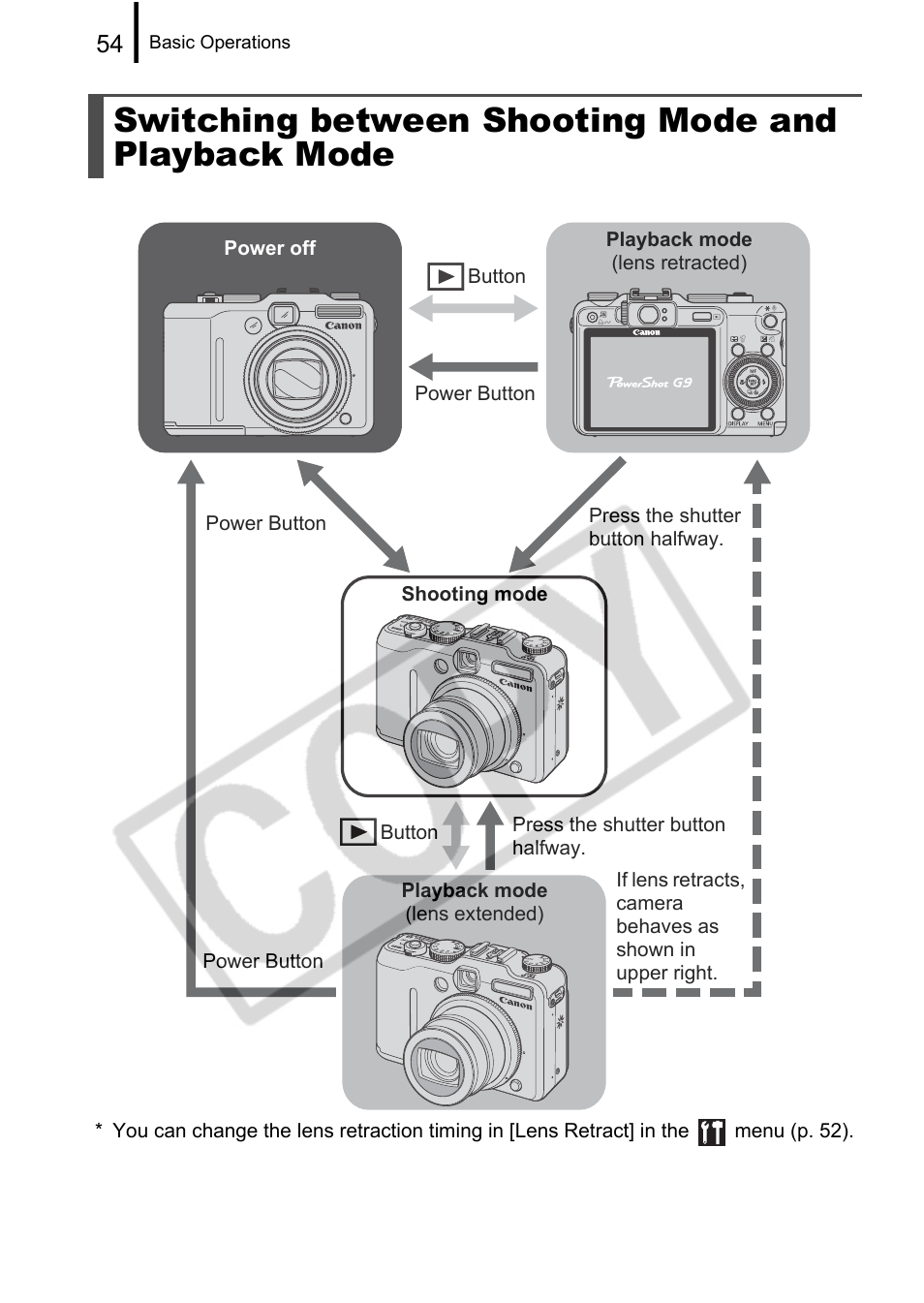 Switching between shooting mode and playback mode | Canon PowerShot G9 User Manual | Page 56 / 275