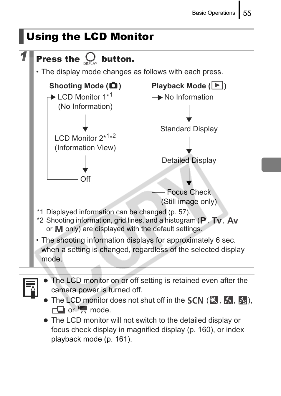 Using the lcd monitor, Press the button | Canon PowerShot G9 User Manual | Page 57 / 275