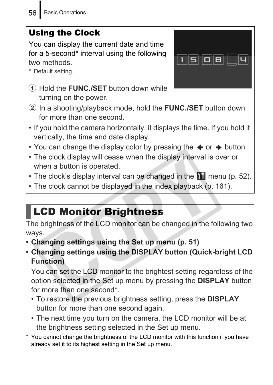 Lcd monitor brightness, Using the clock | Canon PowerShot G9 User Manual | Page 58 / 275