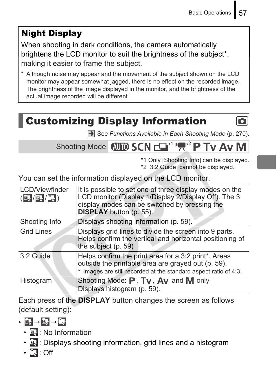 Customizing display information, Night display | Canon PowerShot G9 User Manual | Page 59 / 275