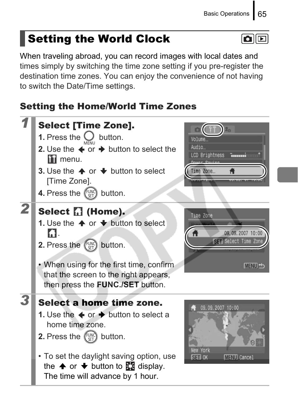 Setting the world clock | Canon PowerShot G9 User Manual | Page 67 / 275