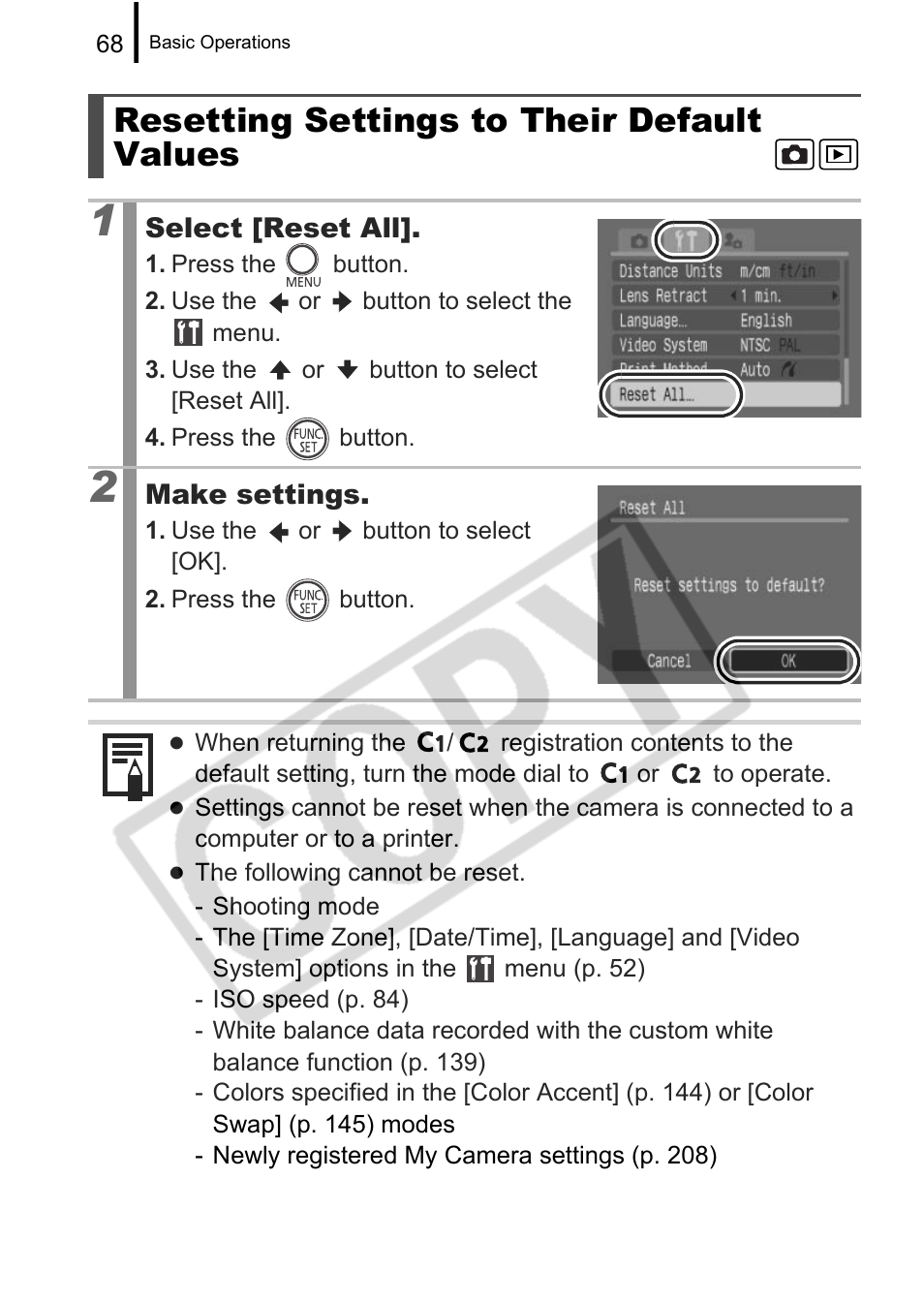 Resetting settings to their default values | Canon PowerShot G9 User Manual | Page 70 / 275