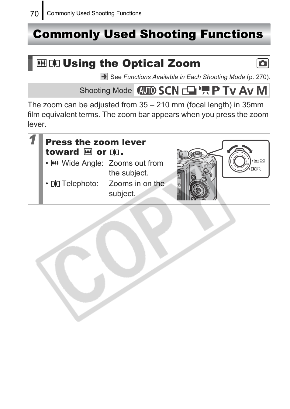 Commonly used shooting functions, Using the optical zoom | Canon PowerShot G9 User Manual | Page 72 / 275