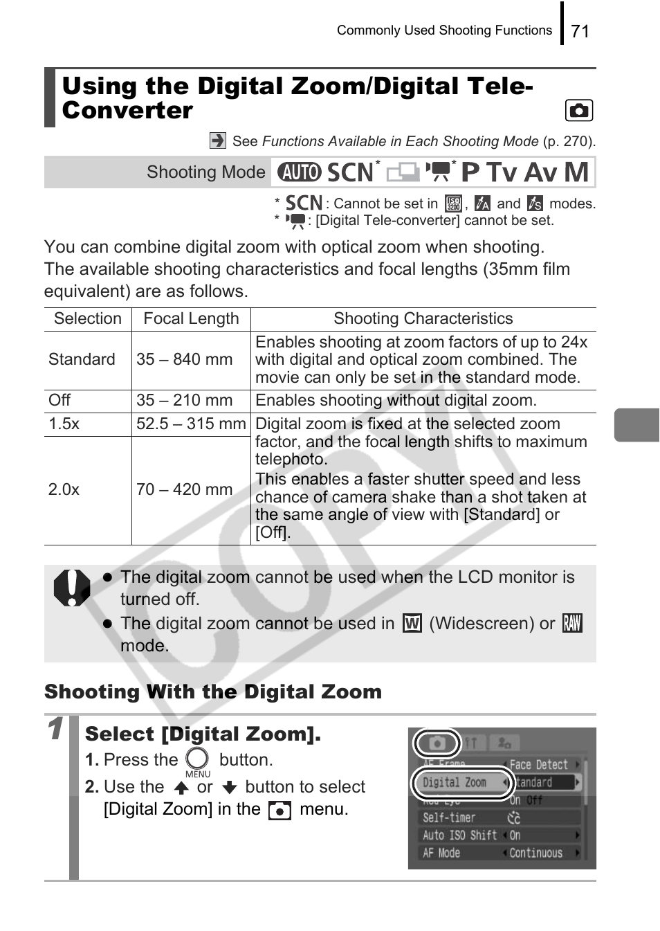 Using the digital zoom/digital tele- converter, Shooting with the digital zoom, Select [digital zoom | Canon PowerShot G9 User Manual | Page 73 / 275