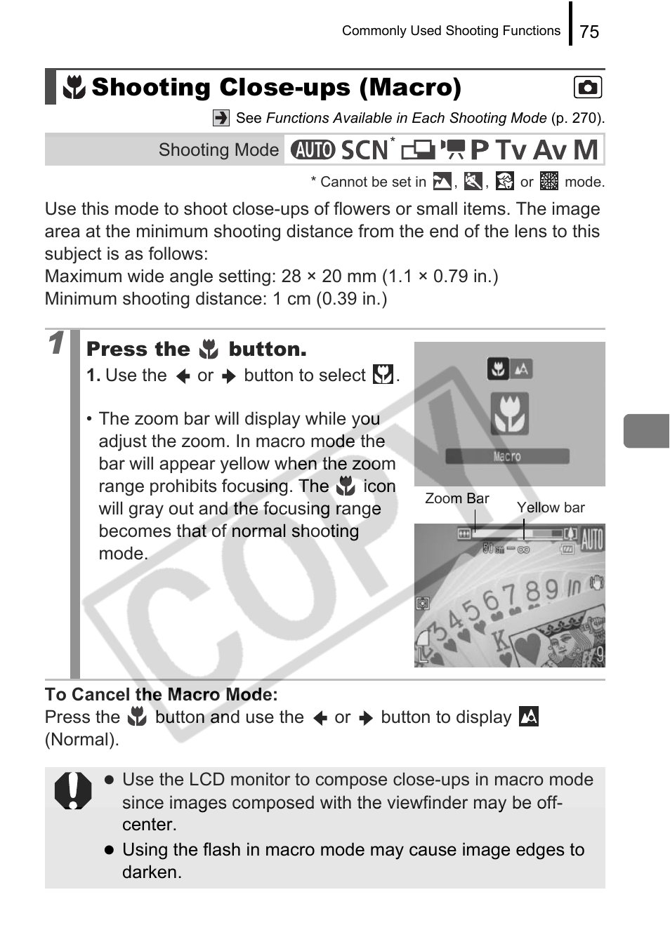 Shooting close-ups (macro), Press the button | Canon PowerShot G9 User Manual | Page 77 / 275