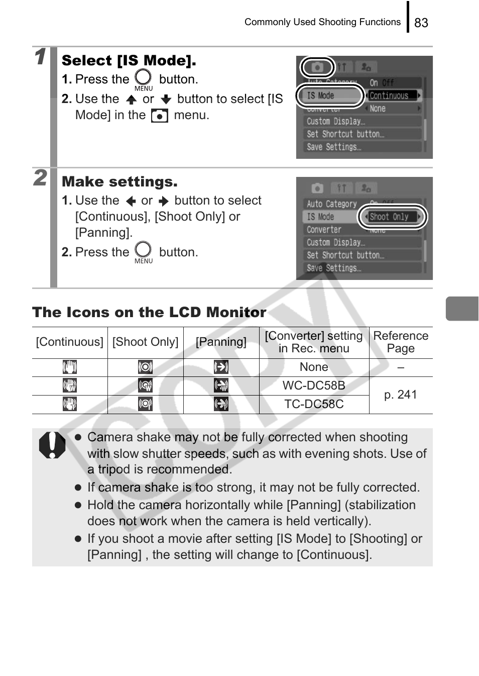 The icons on the lcd monitor, Select [is mode, Make settings | Canon PowerShot G9 User Manual | Page 85 / 275