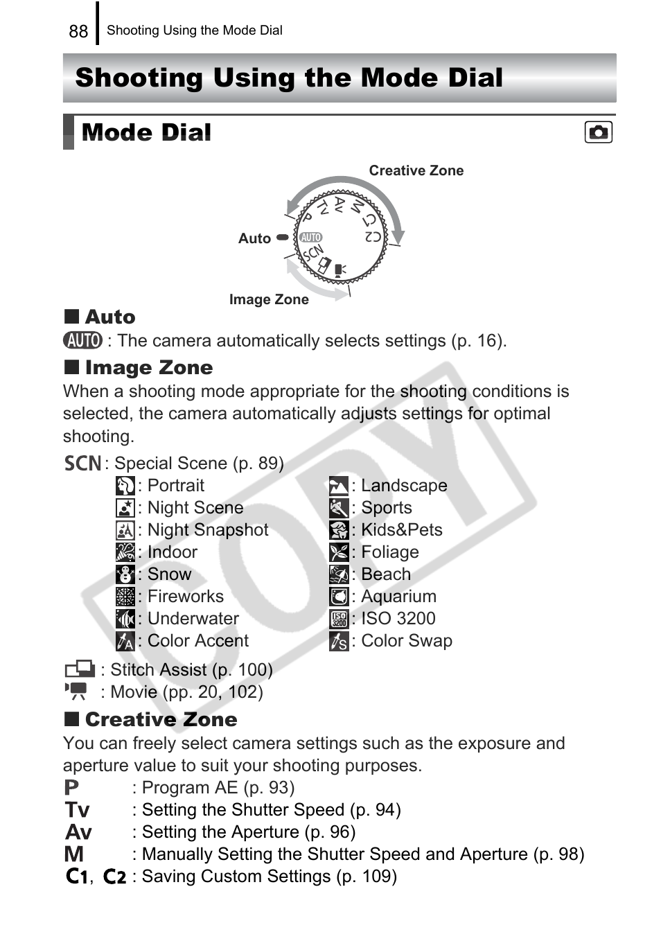 Shooting using the mode dial, Mode dial | Canon PowerShot G9 User Manual | Page 90 / 275