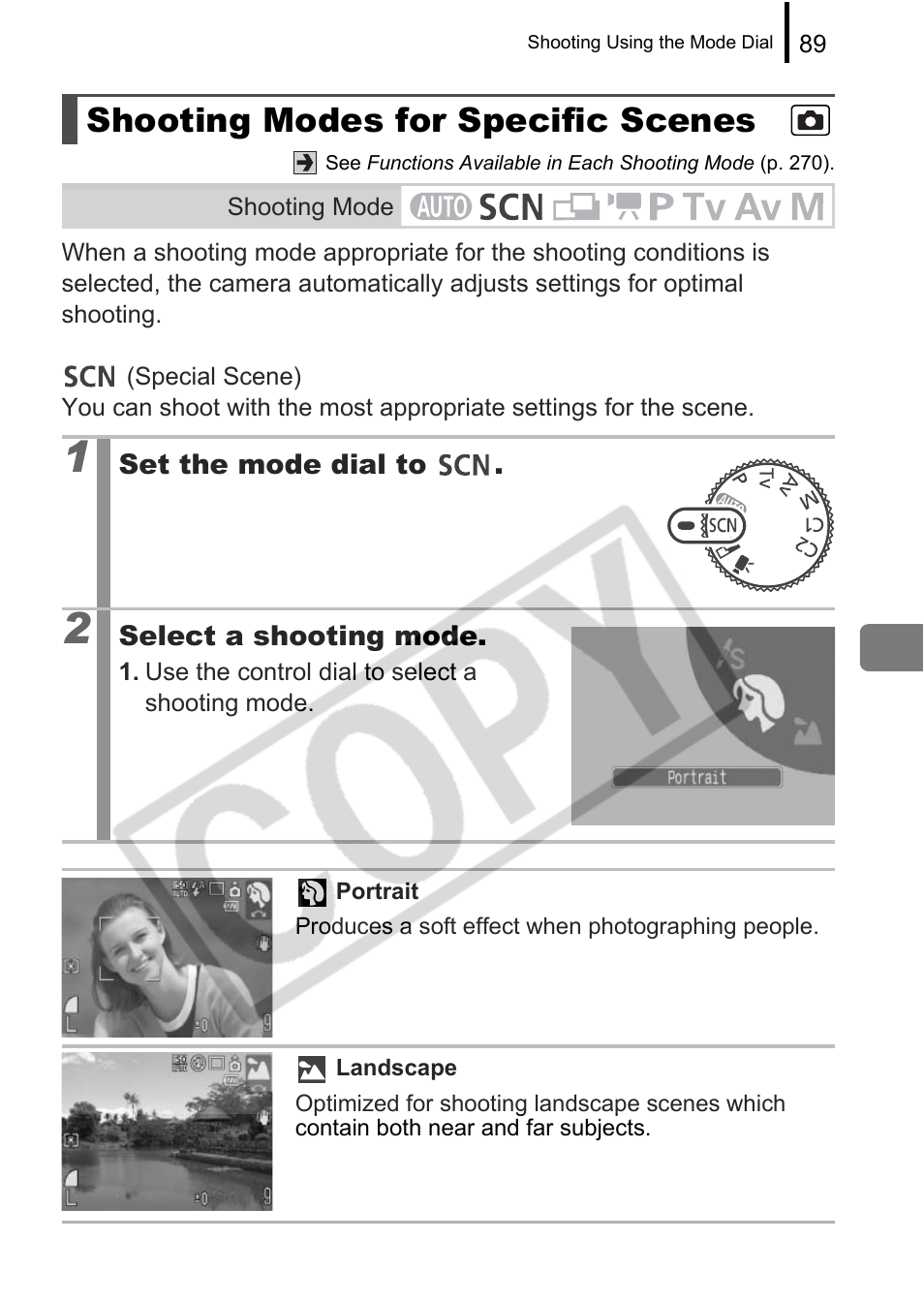 Shooting modes for specific scenes | Canon PowerShot G9 User Manual | Page 91 / 275