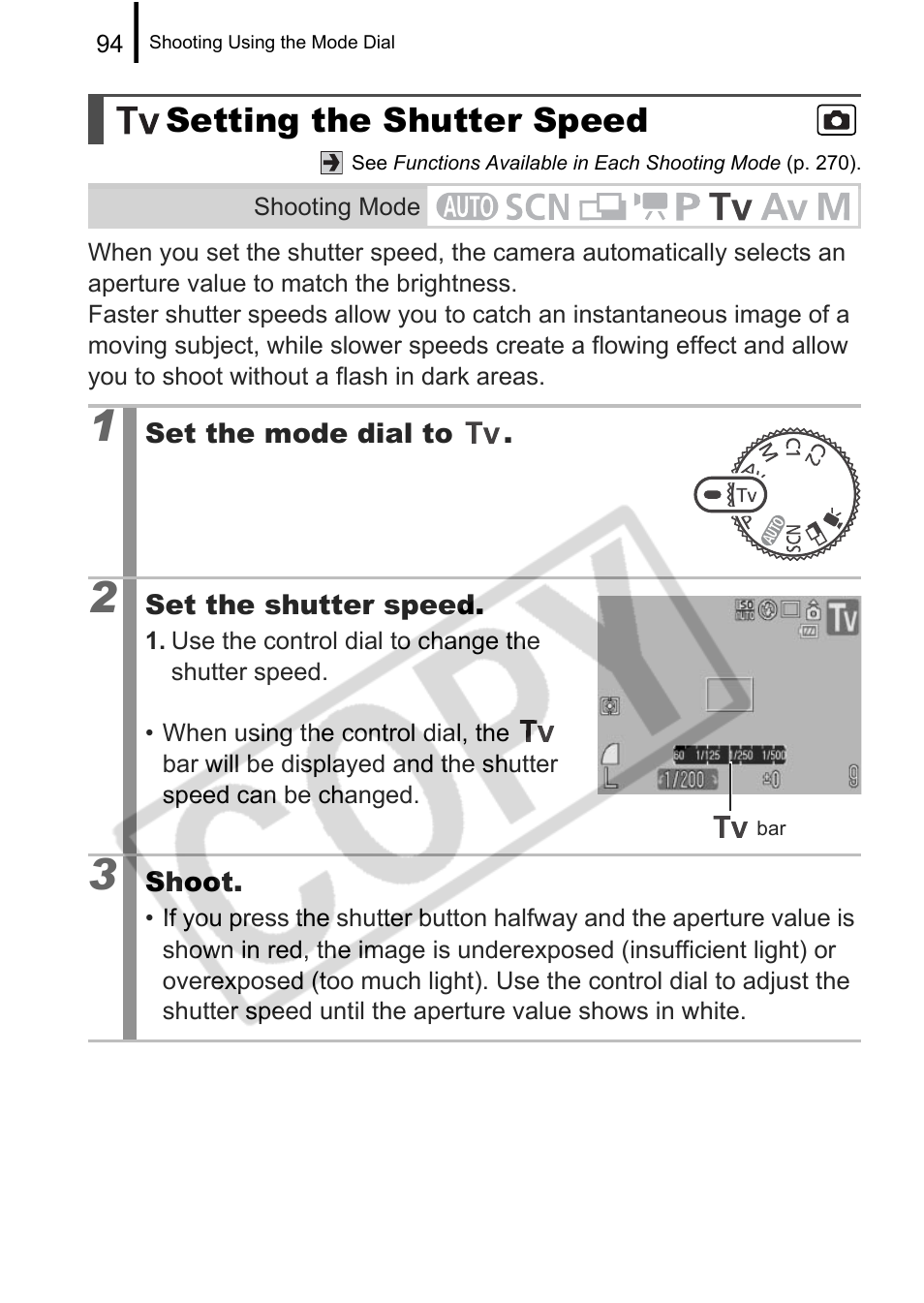 Setting the shutter speed | Canon PowerShot G9 User Manual | Page 96 / 275