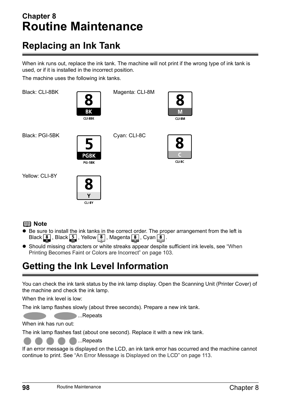 Routine maintenance, Replacing an ink tank, Getting the ink level information | Chapter 8 | Canon Pixma MP530 User Manual | Page 100 / 176