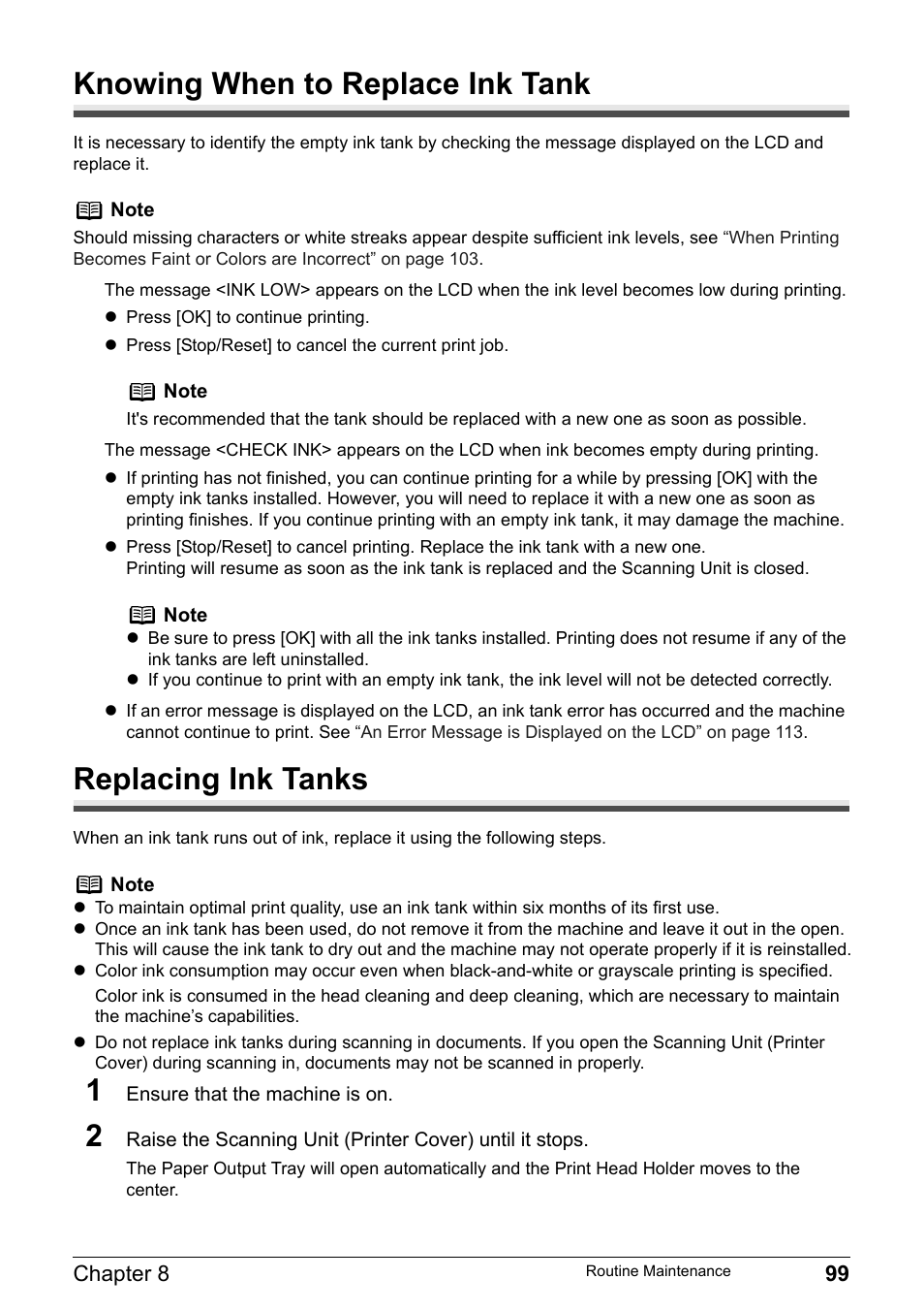Knowing when to replace ink tank, Replacing ink tanks | Canon Pixma MP530 User Manual | Page 101 / 176