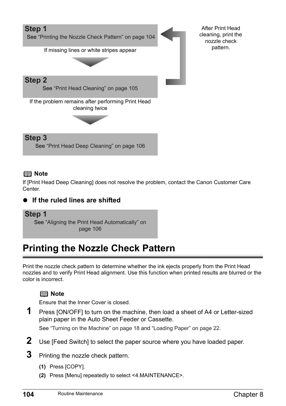 Printing the nozzle check pattern, Step 1, Step 2 | Step 3 | Canon Pixma MP530 User Manual | Page 106 / 176