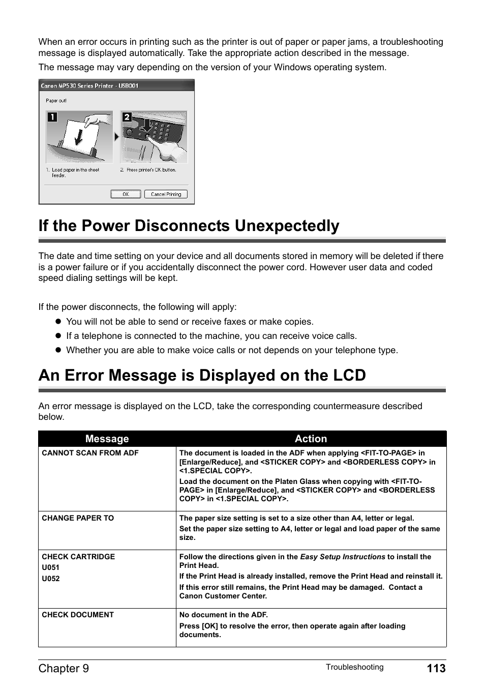 If the power disconnects unexpectedly, An error message is displayed on the lcd, E to print. see | Print. see, Chapter 9 113 | Canon Pixma MP530 User Manual | Page 115 / 176