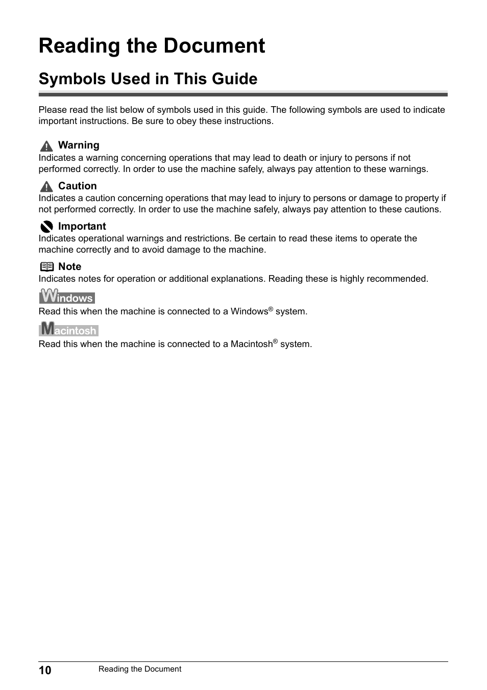Reading the document, Symbols used in this guide | Canon Pixma MP530 User Manual | Page 12 / 176