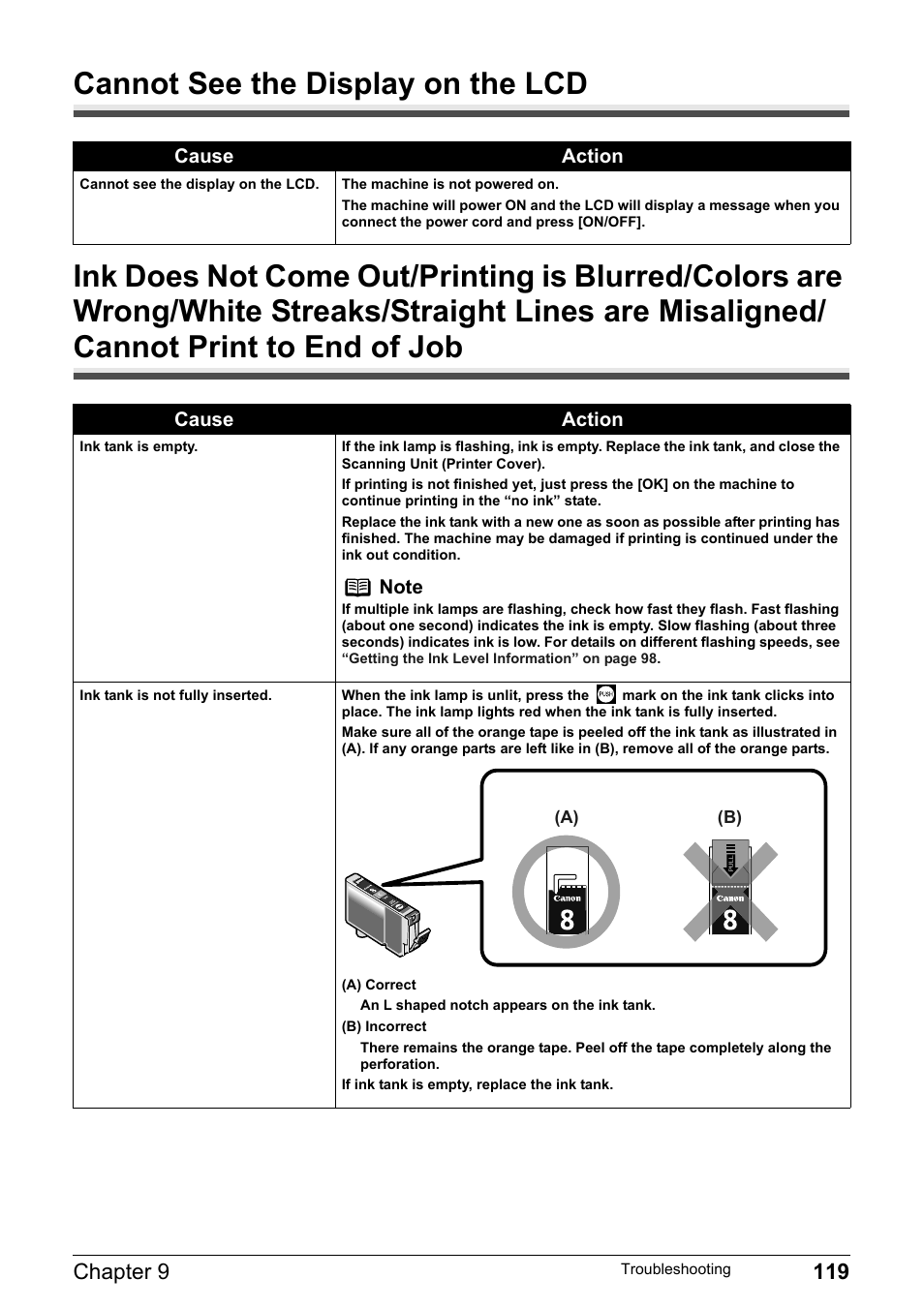 Cannot see the display on the lcd, Chapter 9 119 | Canon Pixma MP530 User Manual | Page 121 / 176