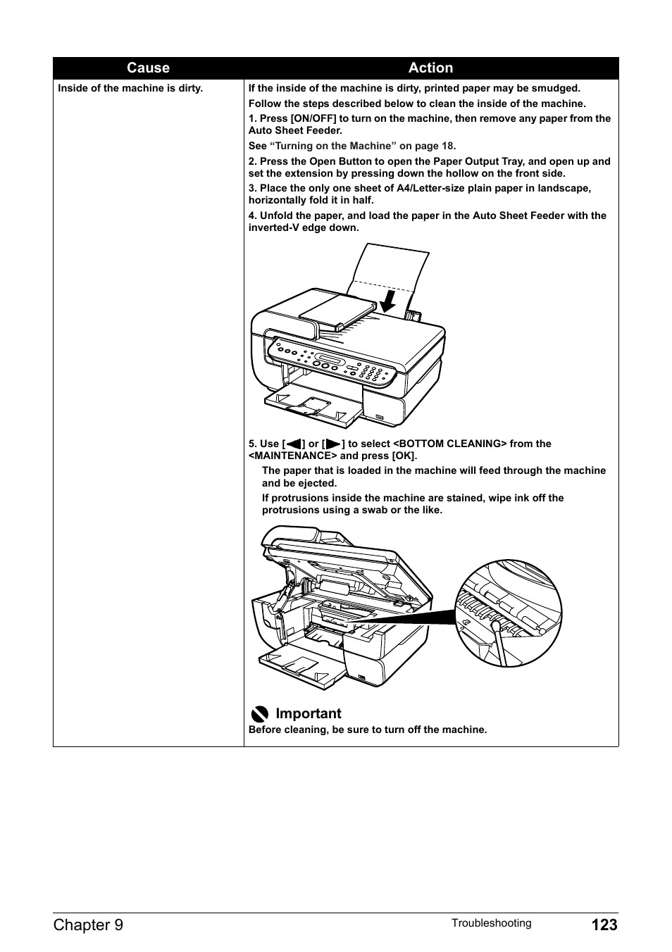 Chapter 9 123, Cause action, Important | Canon Pixma MP530 User Manual | Page 125 / 176