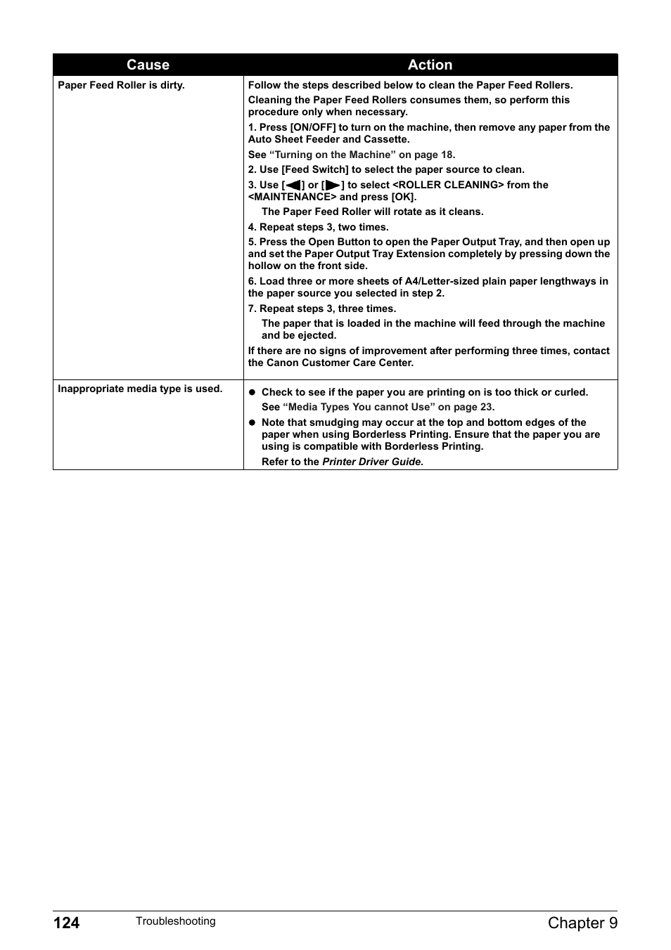 124 chapter 9, Cause action | Canon Pixma MP530 User Manual | Page 126 / 176