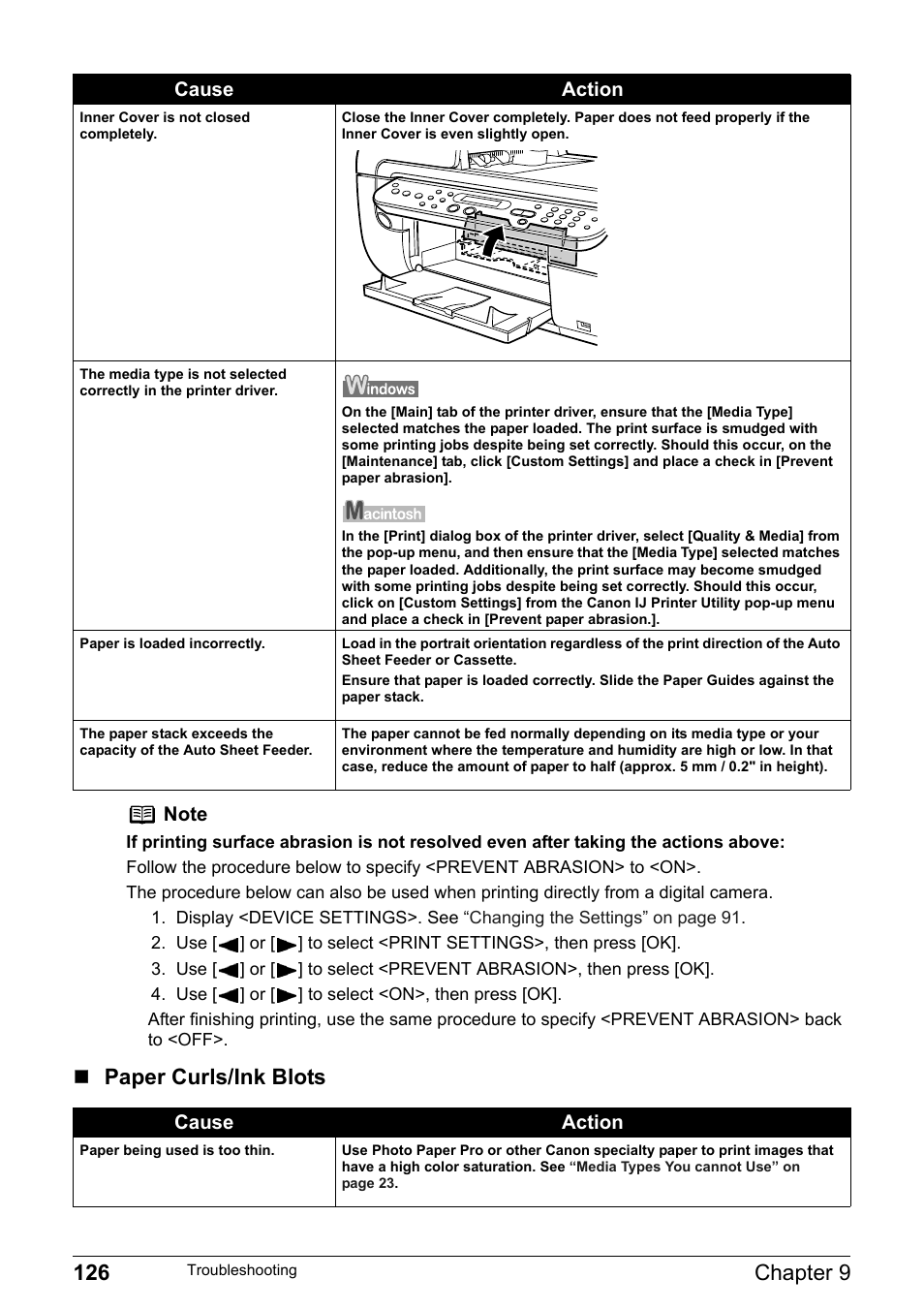 126 chapter 9, Paper curls/ink blots | Canon Pixma MP530 User Manual | Page 128 / 176