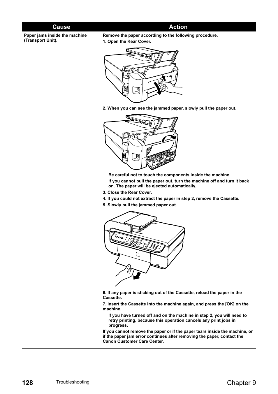 128 chapter 9, Cause action | Canon Pixma MP530 User Manual | Page 130 / 176