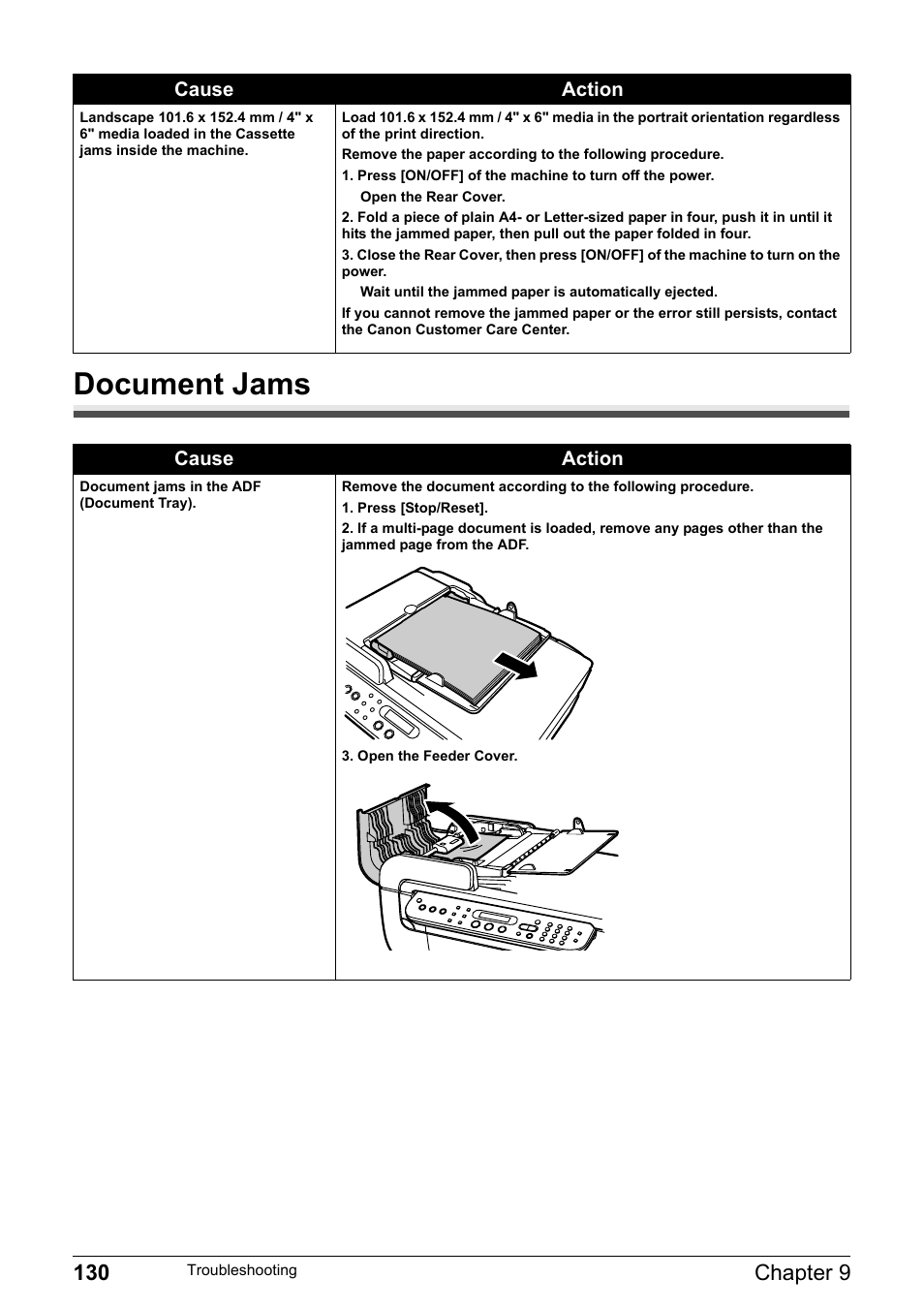 Document jams, 130 chapter 9 | Canon Pixma MP530 User Manual | Page 132 / 176