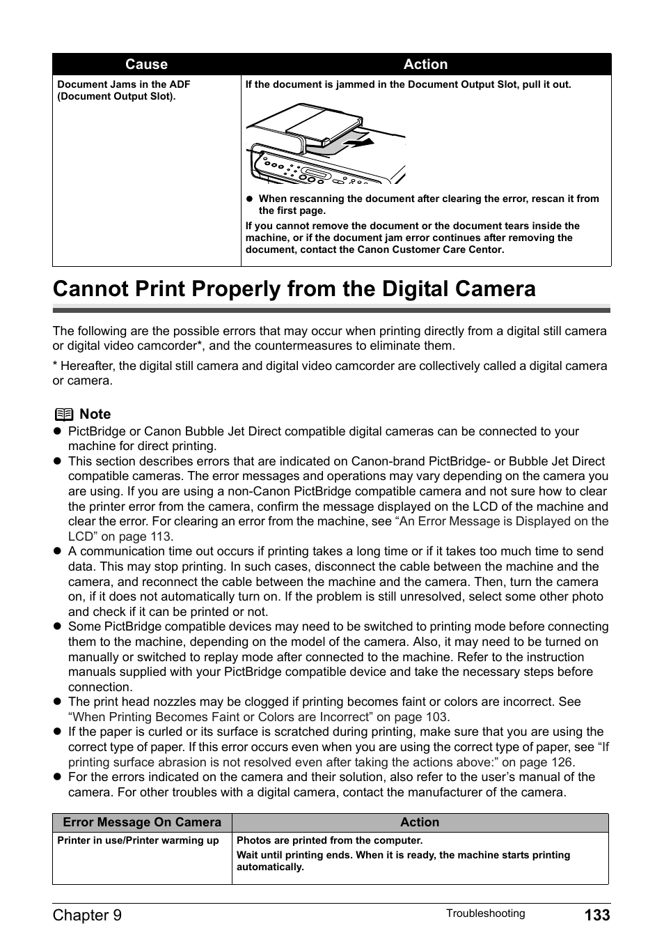 Cannot print properly from the digital camera, Cannot print properly from the digital camera” on, Chapter 9 133 | Canon Pixma MP530 User Manual | Page 135 / 176