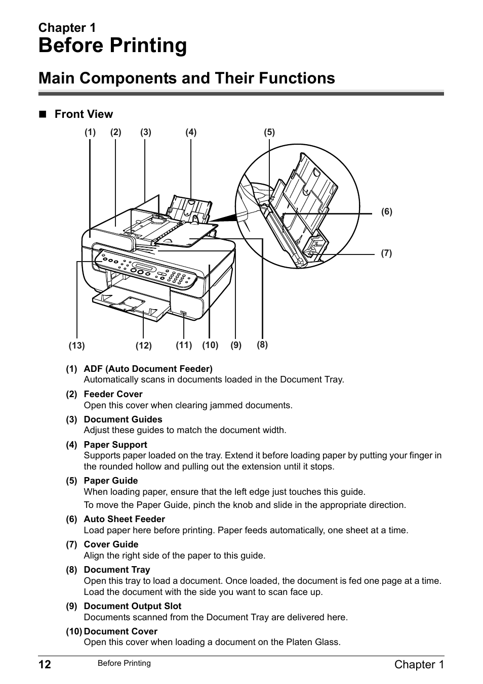 Before printing, Main components and their functions, Chapter 1 | Canon Pixma MP530 User Manual | Page 14 / 176