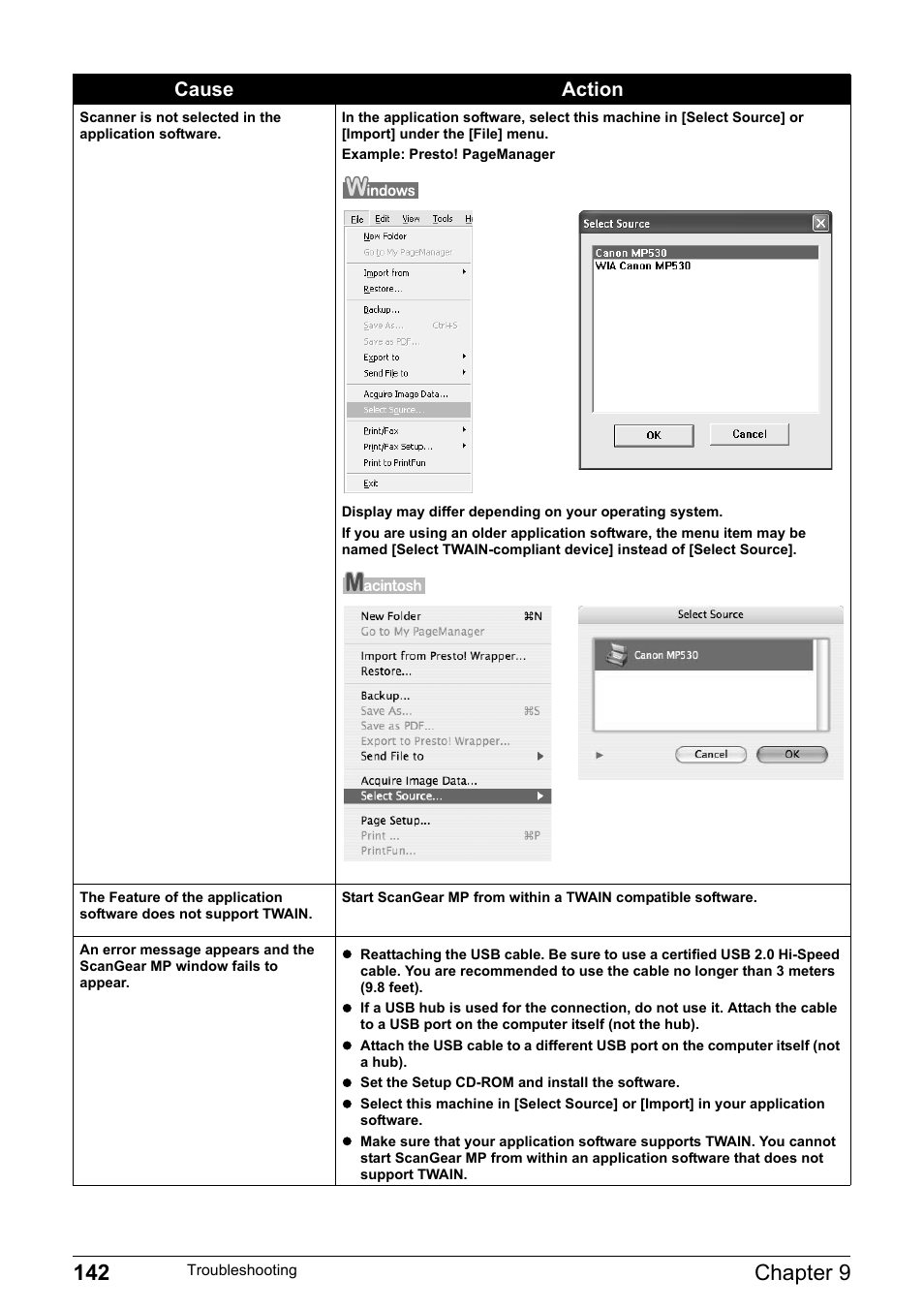 142 chapter 9, Cause action | Canon Pixma MP530 User Manual | Page 144 / 176