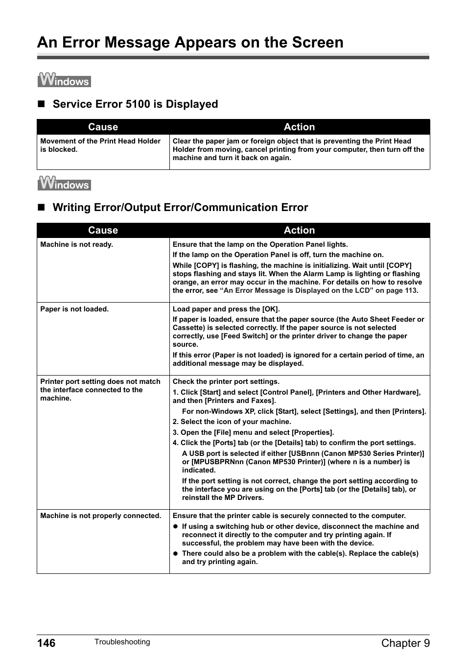 An error message appears on the screen, 146 chapter 9 | Canon Pixma MP530 User Manual | Page 148 / 176