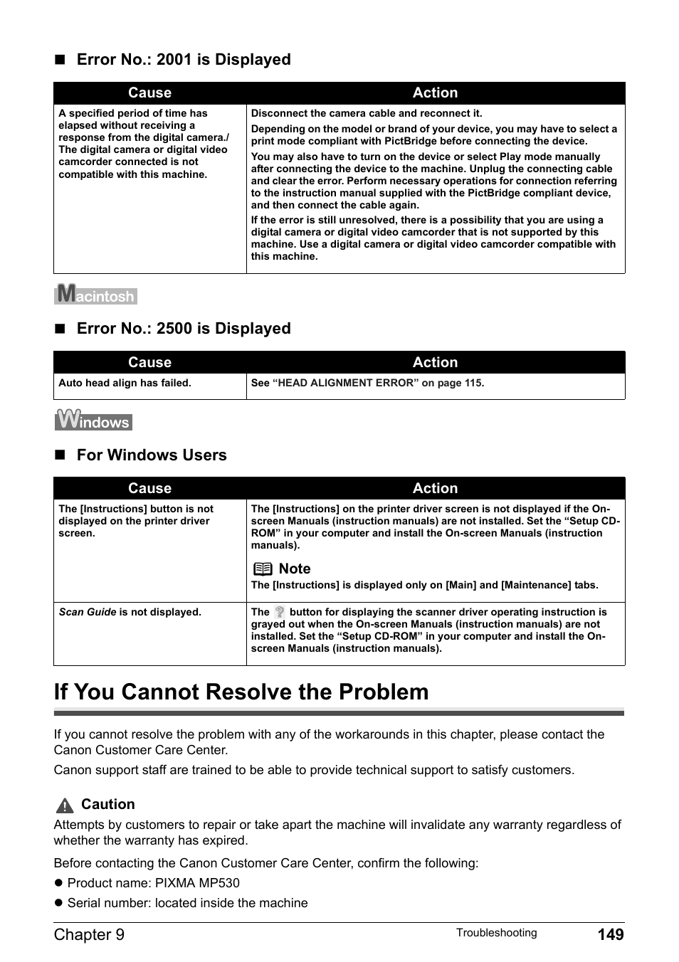 If you cannot resolve the problem, Chapter 9 149 | Canon Pixma MP530 User Manual | Page 151 / 176