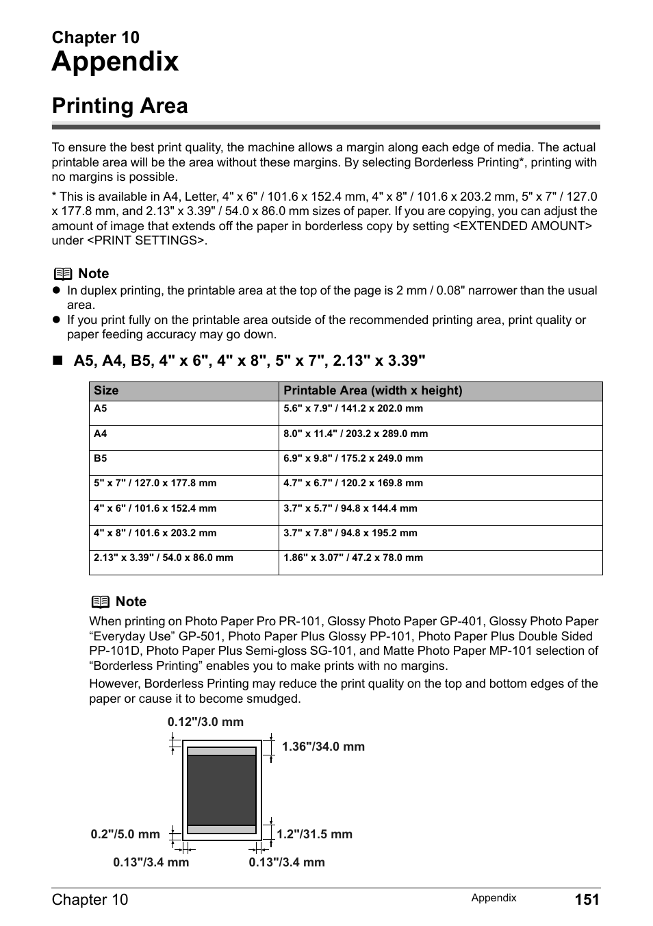 Appendix, Printing area, 10 appendix | Chapter 10 | Canon Pixma MP530 User Manual | Page 153 / 176