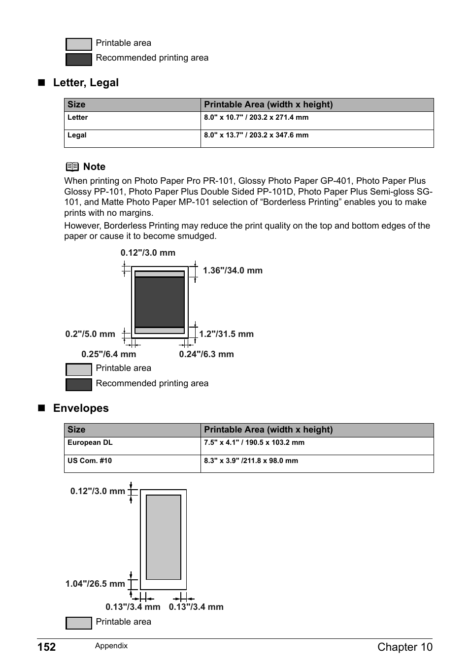 Letter, legal  envelopes | Canon Pixma MP530 User Manual | Page 154 / 176