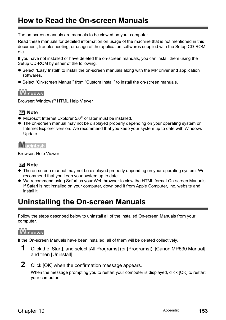 How to read the on-screen manuals, Uninstalling the on-screen manuals | Canon Pixma MP530 User Manual | Page 155 / 176
