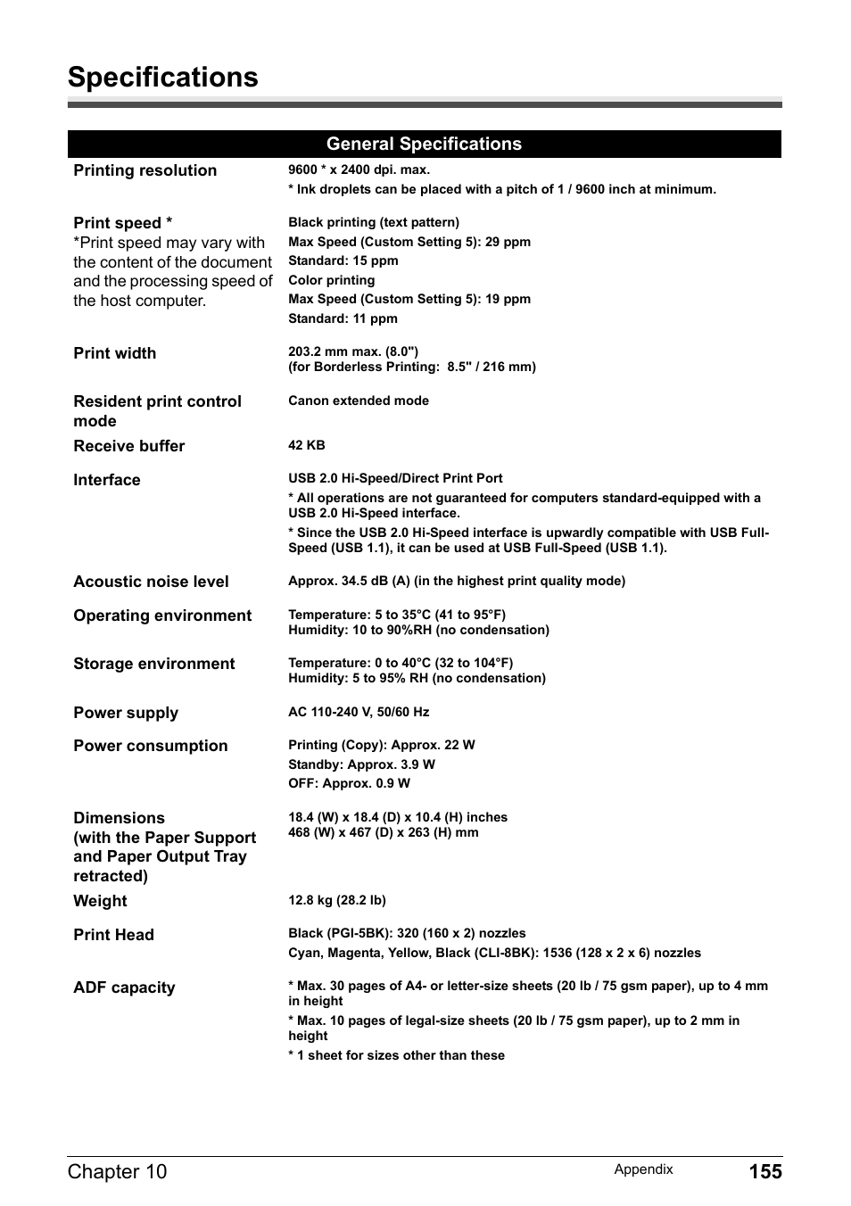 Specifications | Canon Pixma MP530 User Manual | Page 157 / 176