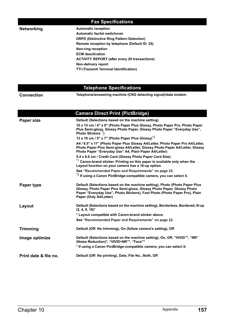 Telephone specifications, Camera direct print (pictbridge), Fax specifications | Canon Pixma MP530 User Manual | Page 159 / 176