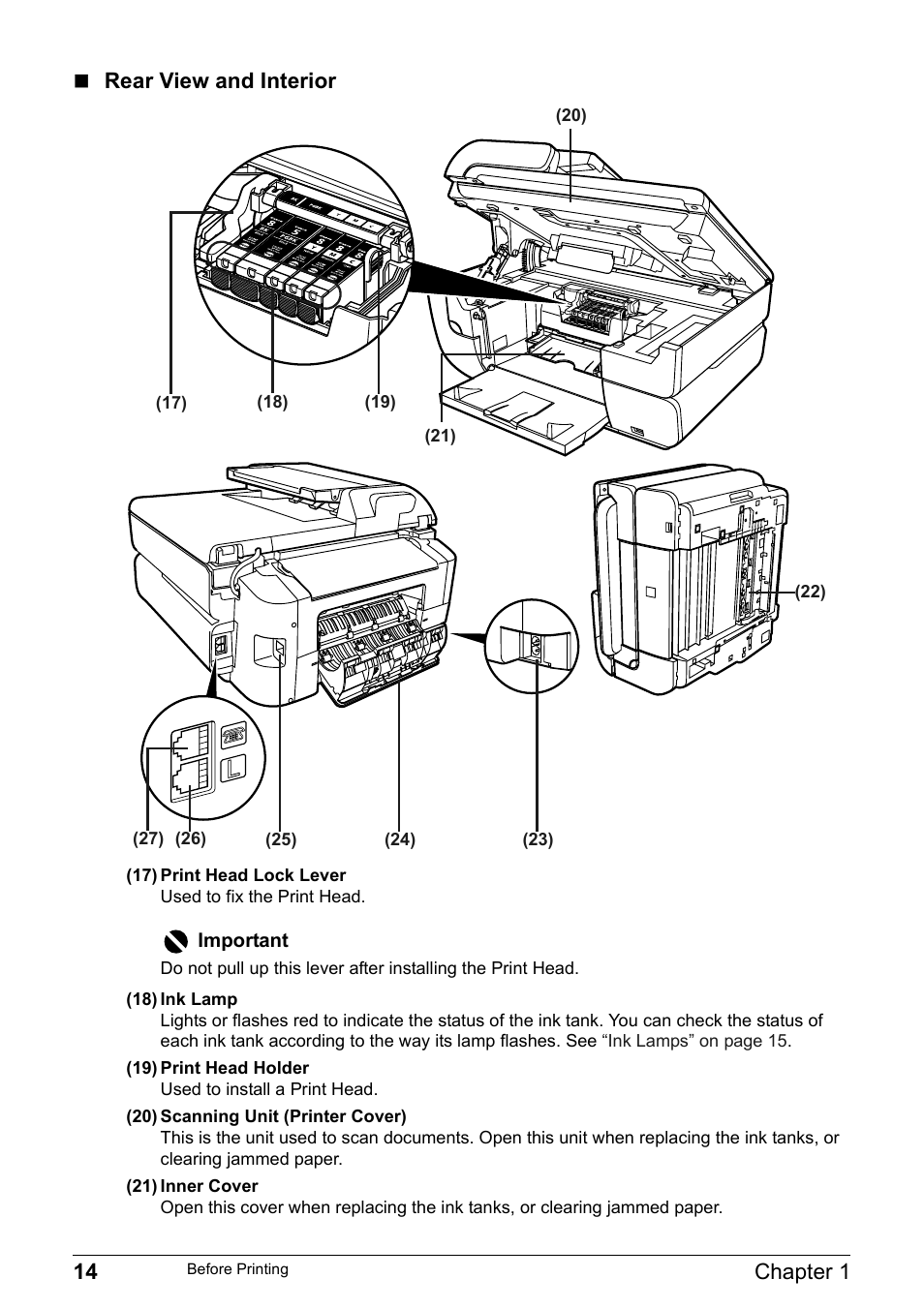 14 chapter 1, Rear view and interior | Canon Pixma MP530 User Manual | Page 16 / 176