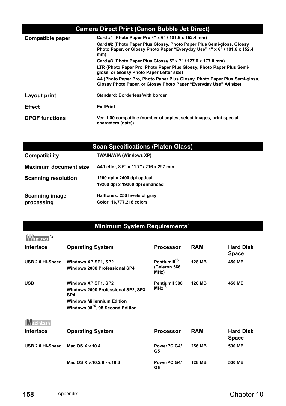 Camera direct print (canon bubble jet direct), Scan specifications (platen glass), Minimum system requirements | Canon Pixma MP530 User Manual | Page 160 / 176