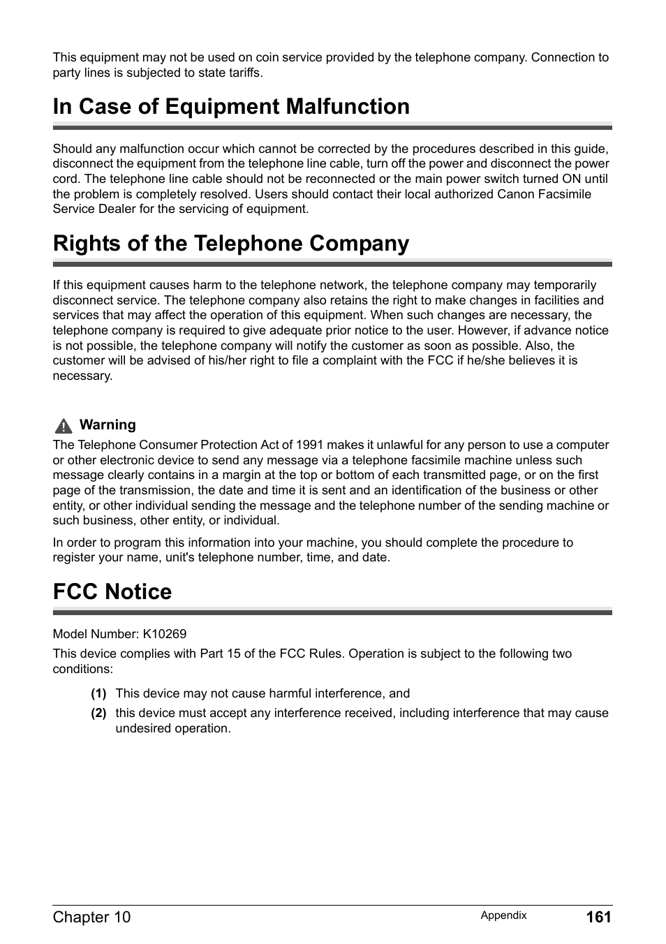 In case of equipment malfunction, Rights of the telephone company, Fcc notice | Canon Pixma MP530 User Manual | Page 163 / 176