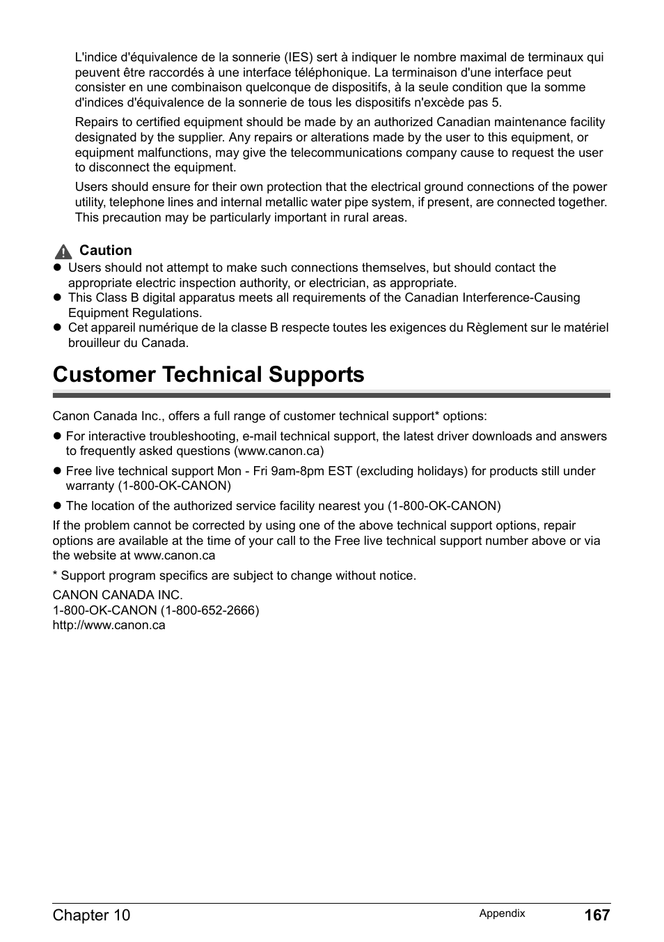 Customer technical supports | Canon Pixma MP530 User Manual | Page 169 / 176