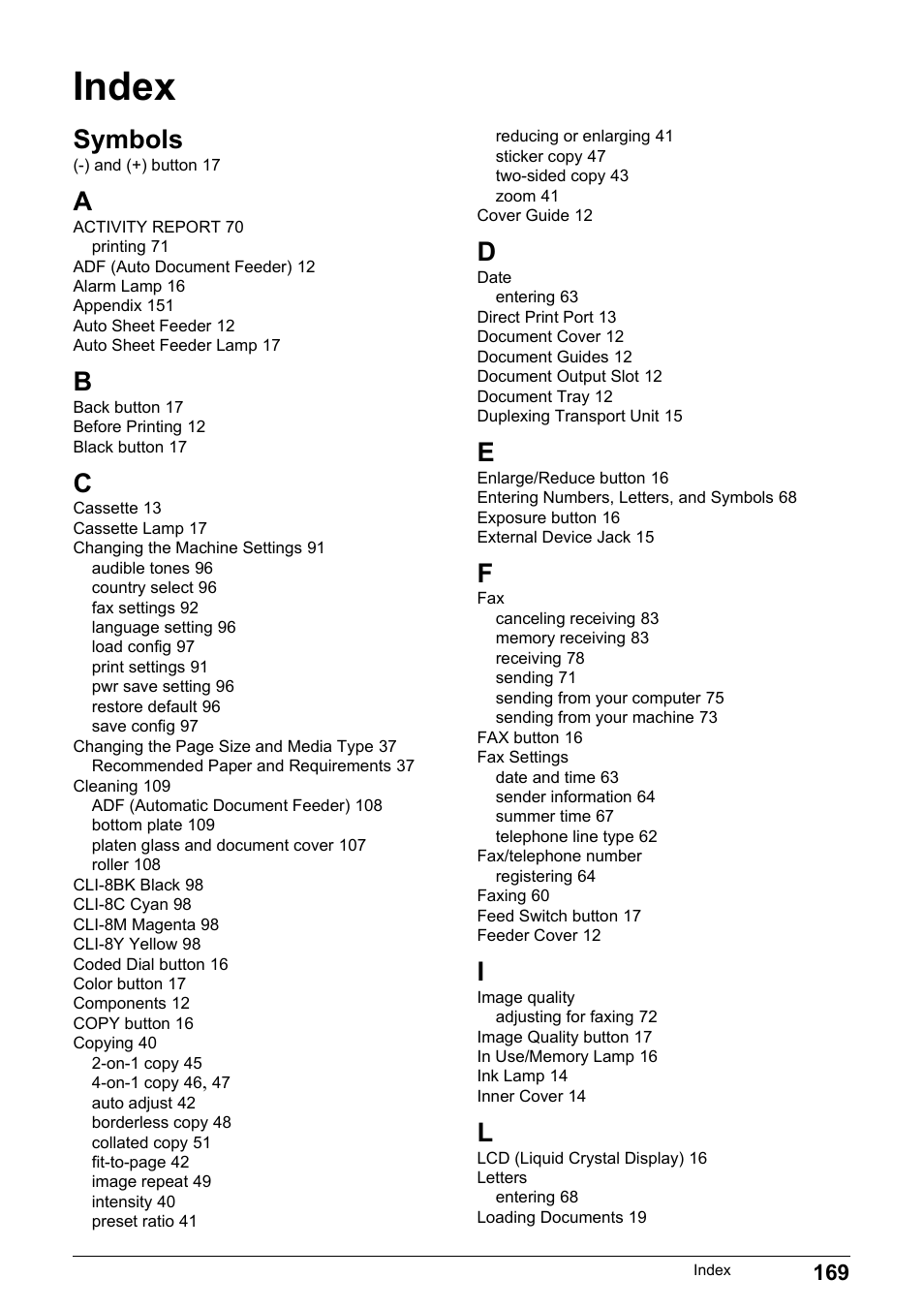 Index, Symbols | Canon Pixma MP530 User Manual | Page 171 / 176