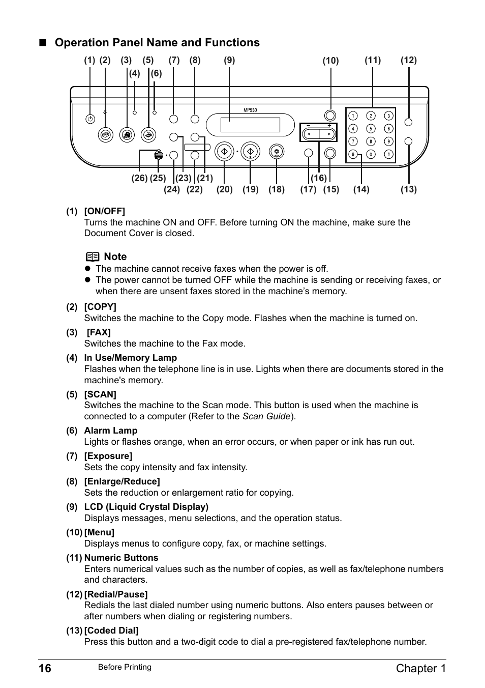 16 chapter 1, Operation panel name and functions | Canon Pixma MP530 User Manual | Page 18 / 176