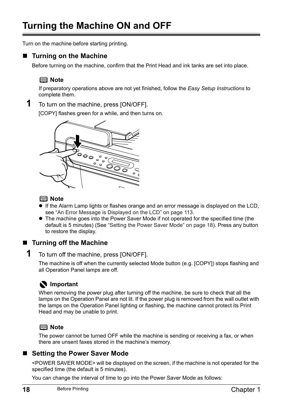 Turning the machine on and off | Canon Pixma MP530 User Manual | Page 20 / 176