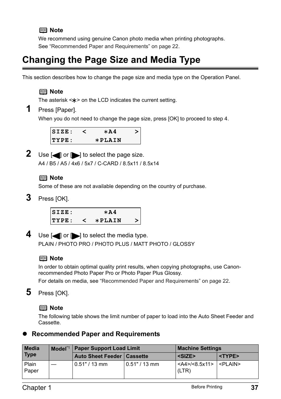 Changing the page size and media type | Canon Pixma MP530 User Manual | Page 39 / 176